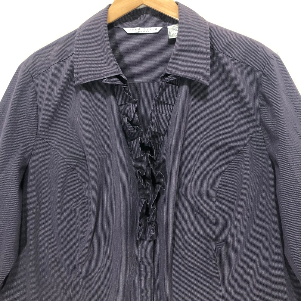 Fred David Woman Purple Pinstripe Ruffle Front Collared Button Up Shirt 3XL